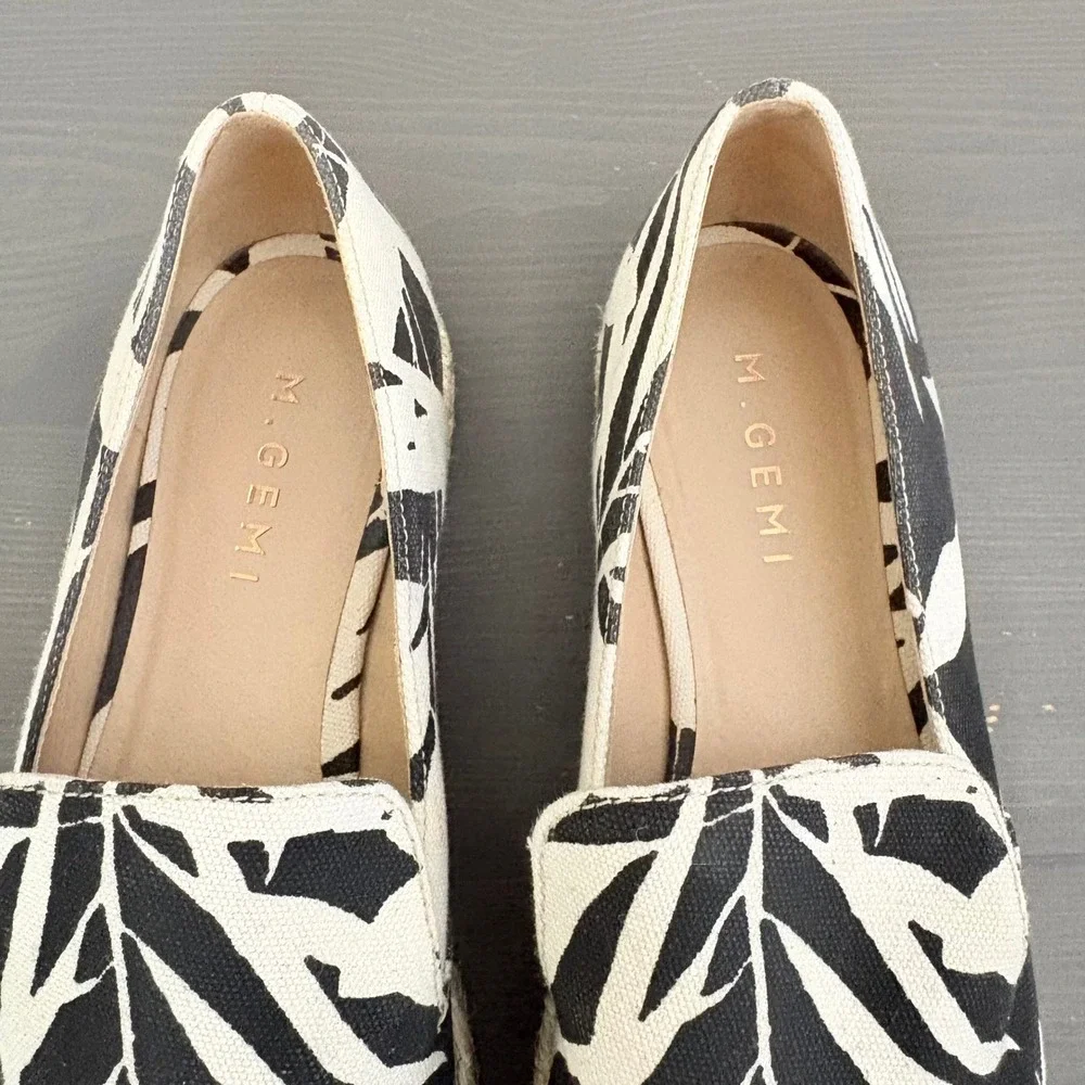 M.Gemi Espadrilles Agio 39.5 Black White Tropical Floral Print Slip On Loafers